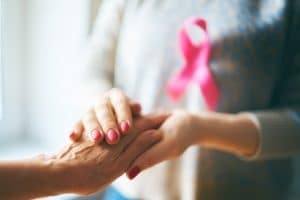 Females hands and symbol of Breast Cancer Awareness