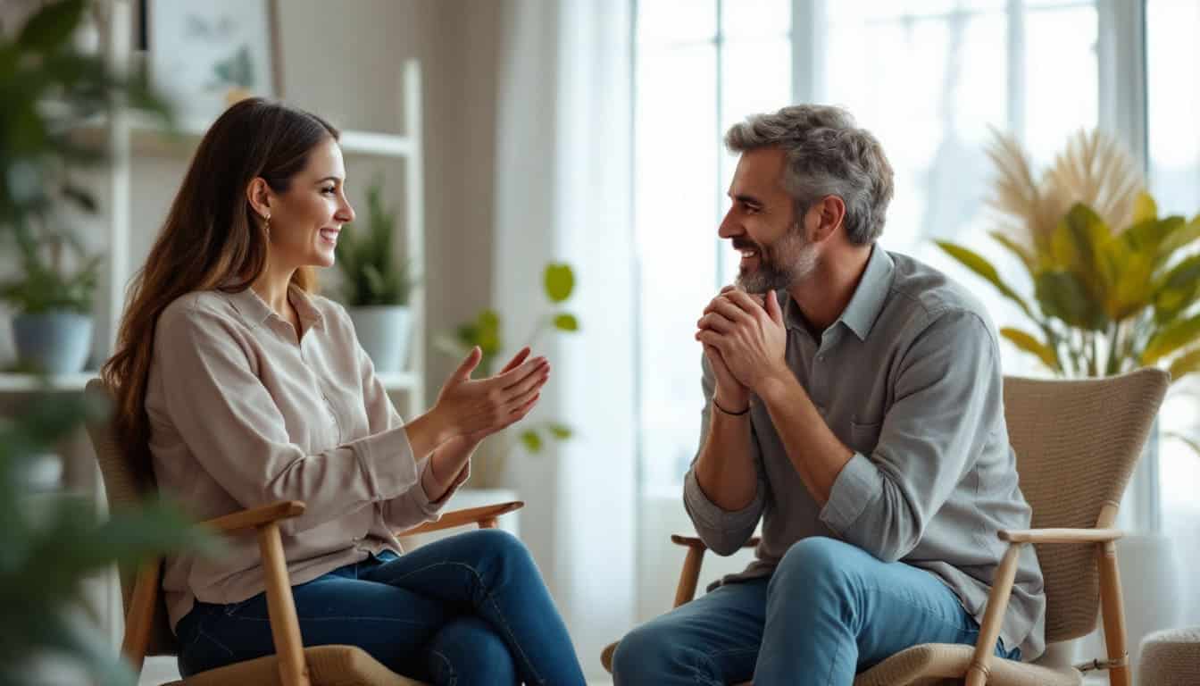 conversacion amistosa entre hombre y mujer en sala de estar