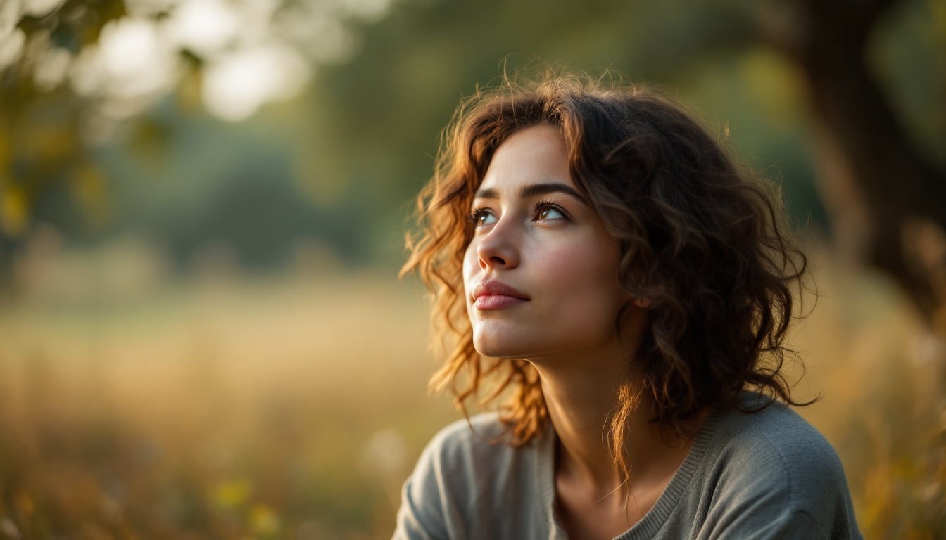 mujer cabello rizado mirando arriba sentada campo atardecer