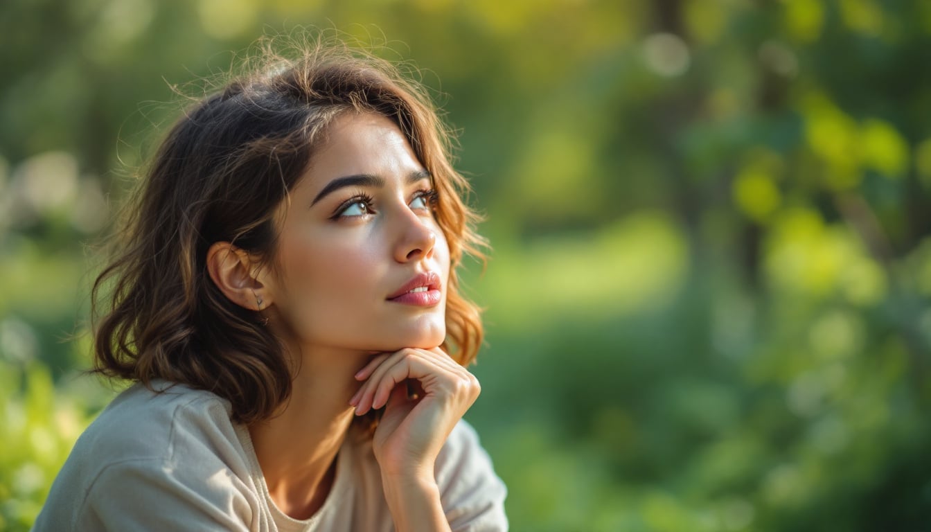 retrato mujer joven sentada exterior mirada lejana naturaleza