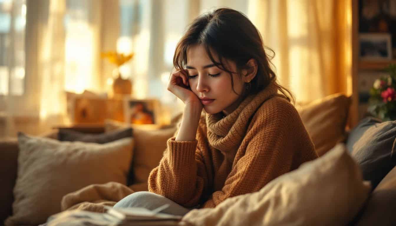 mujer joven tristeza soledad leyendo mensaje telefono sofa