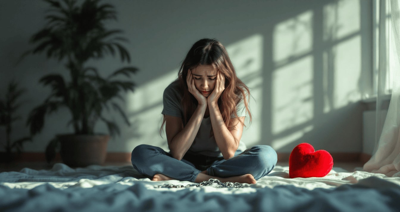 mujer sentada suelo tristeza cabeza manos cojin rojo