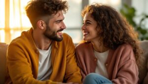 A photograph of a couple sitting closely together