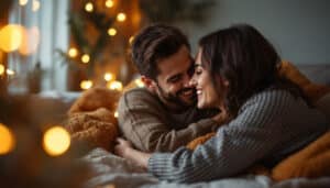 A photograph of a couple engaging in a heartfelt moment