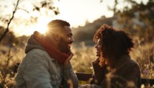 A photograph of a couple engaged in a heartfelt conversation in a serene outdoor setting
